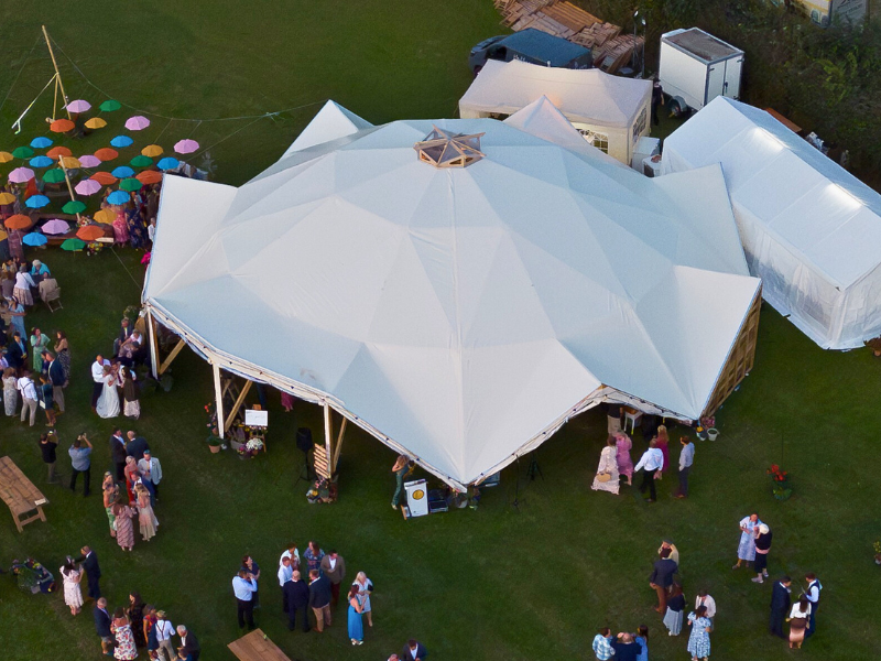 Aerial view of a geodesic dome